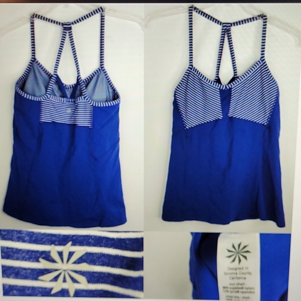 L ATHLETA Fulfillment DARK PURPLE WHITE STRIPED STRAPPY POWER Y Tank Top LARGE